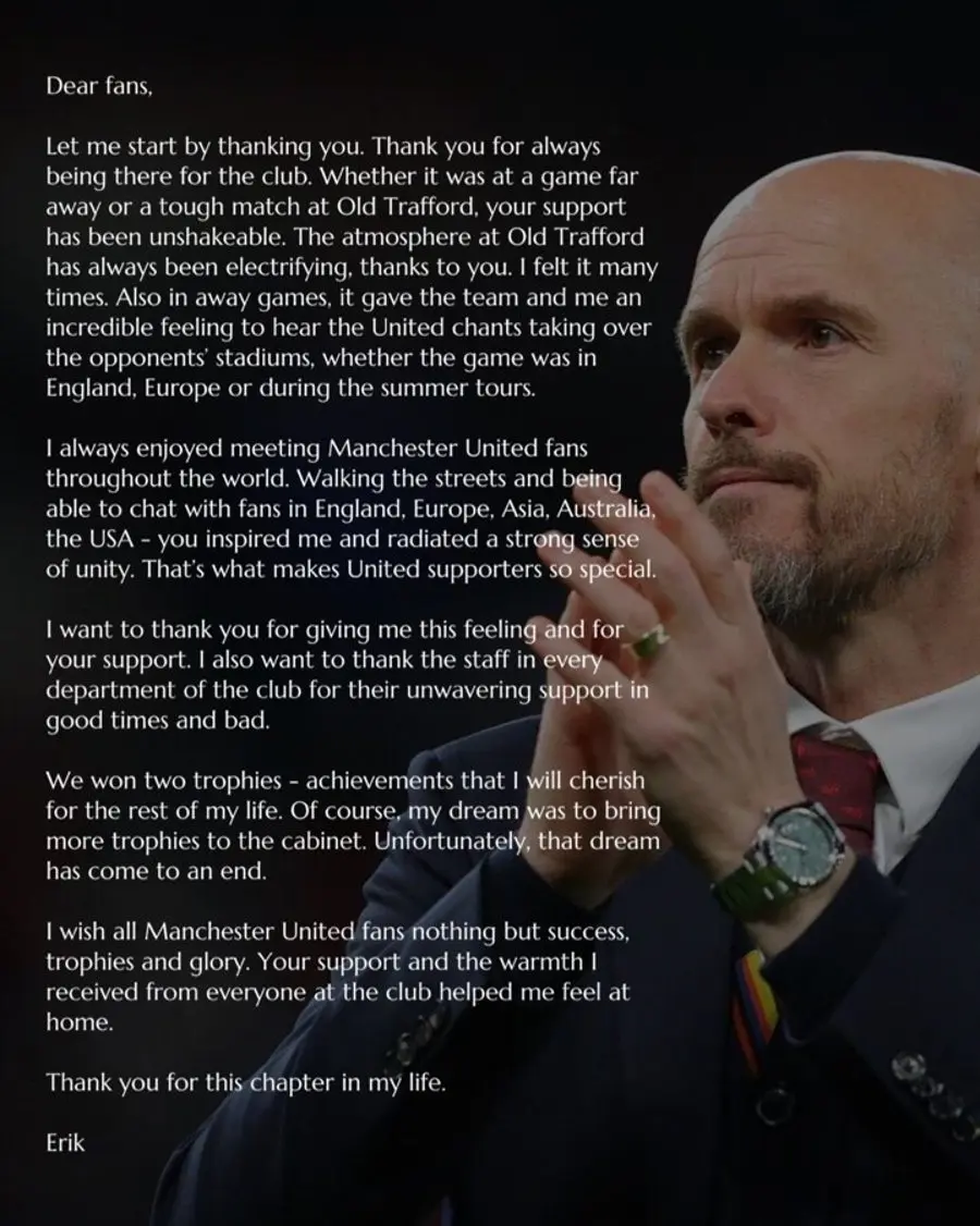 Erik ten Hag's farewell letter